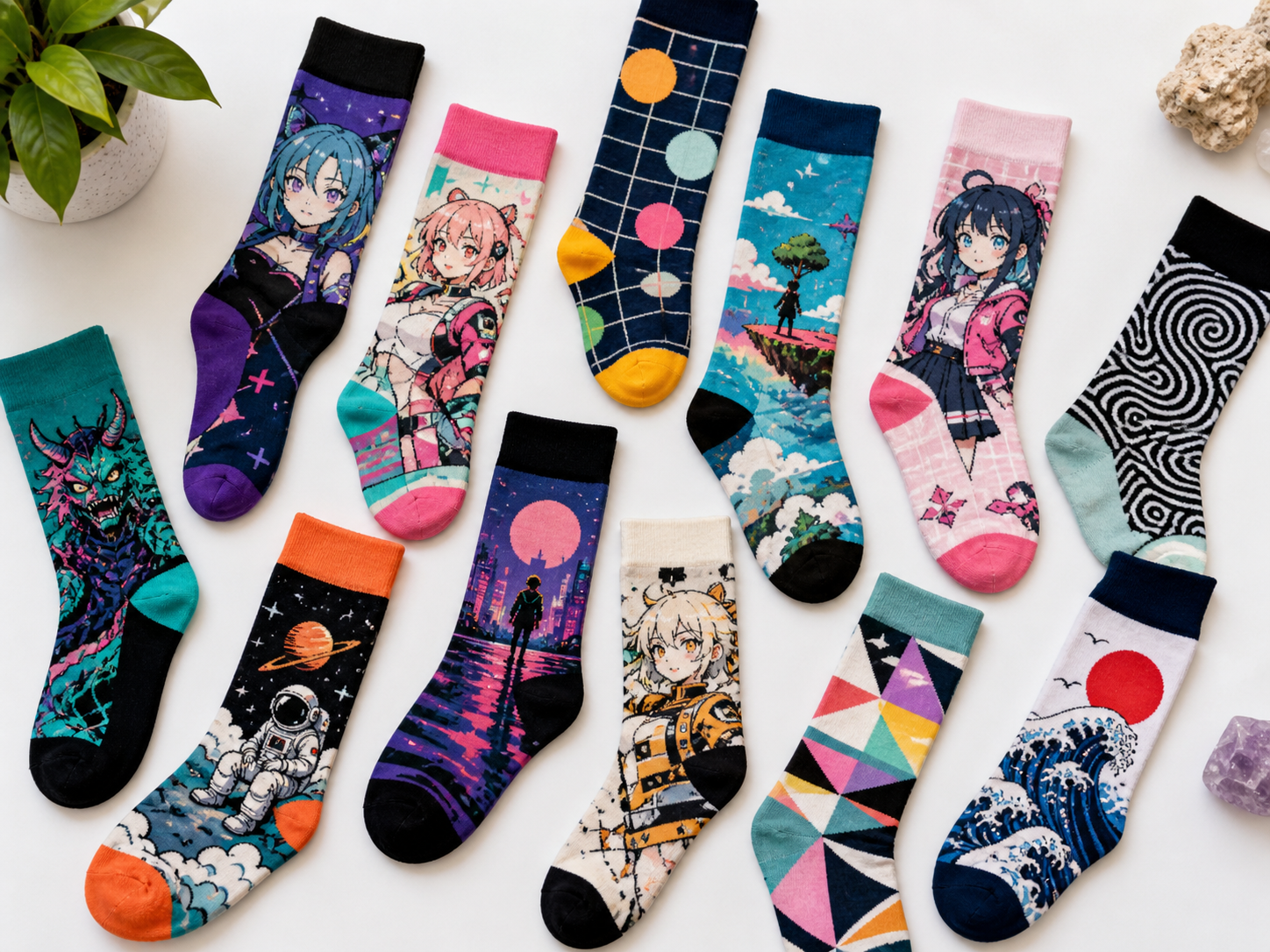 Colorful sock collection with anime designs